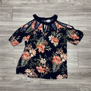 NAIF Black Floral Keyhole Blouse NWOT
